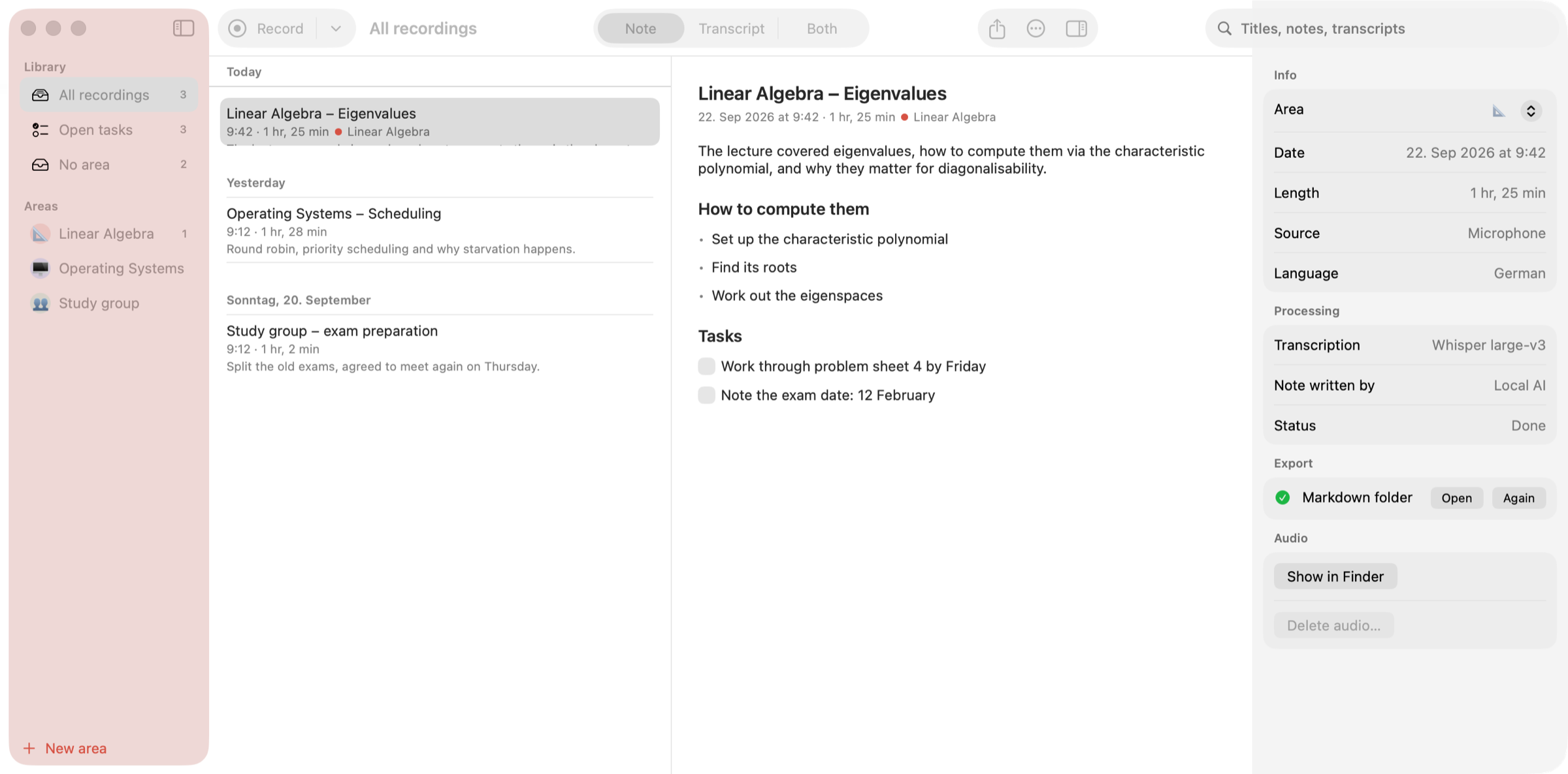 Earnote showing a lecture note with tasks, the inspector and the player bar