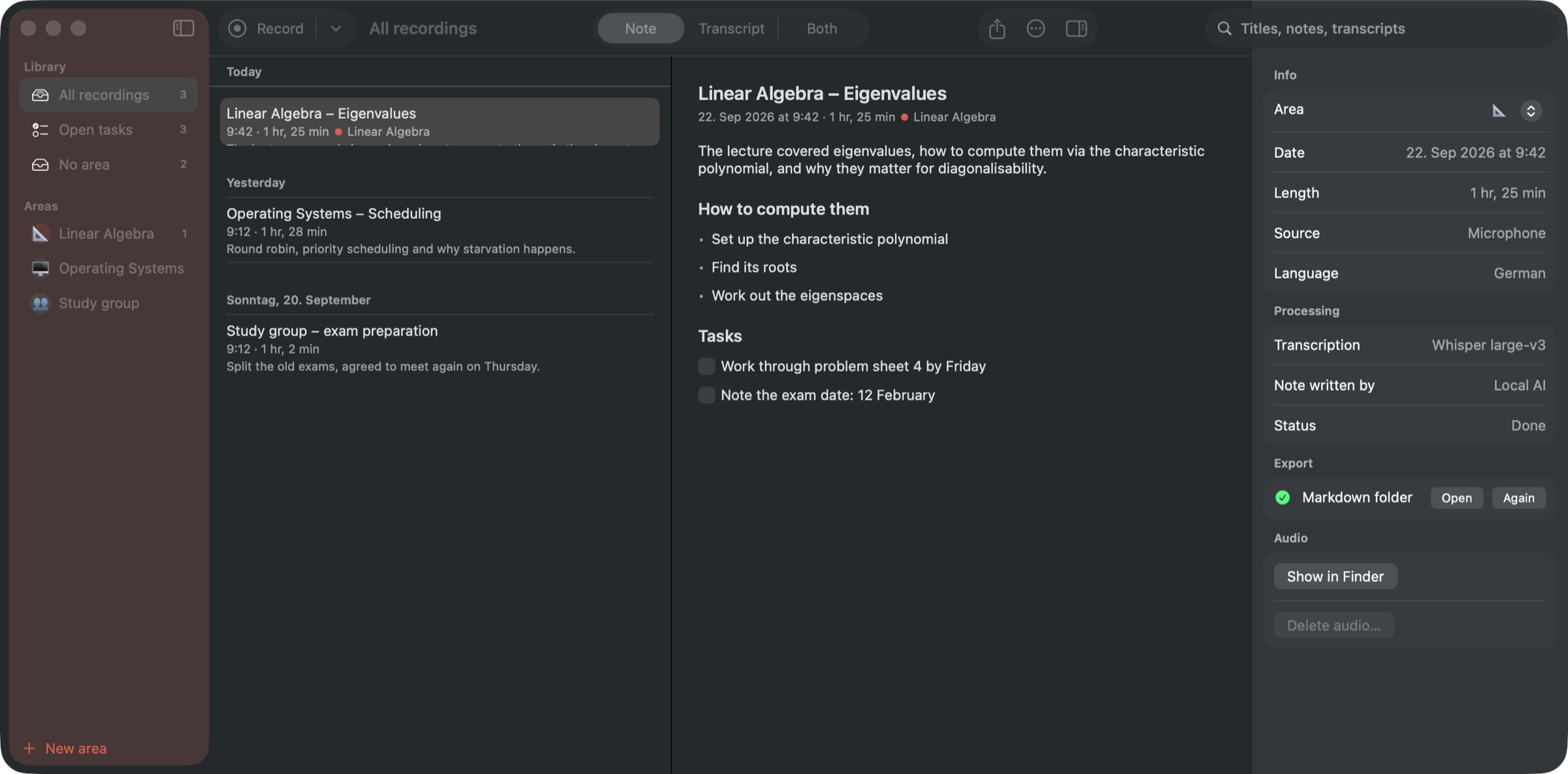 Earnote in dark mode with the player bar