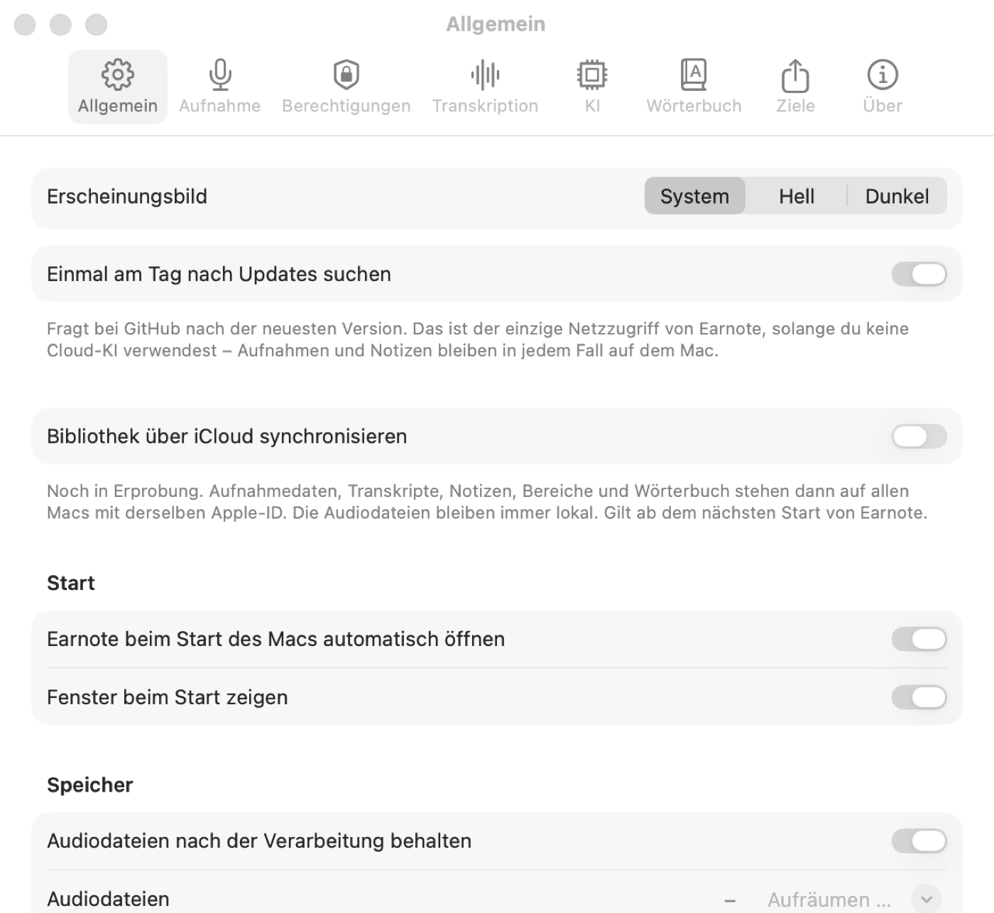 Einstellungen von Earnote