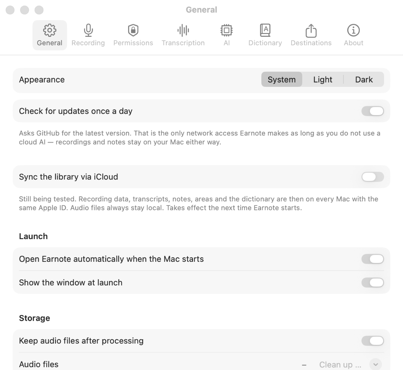 Earnote settings window